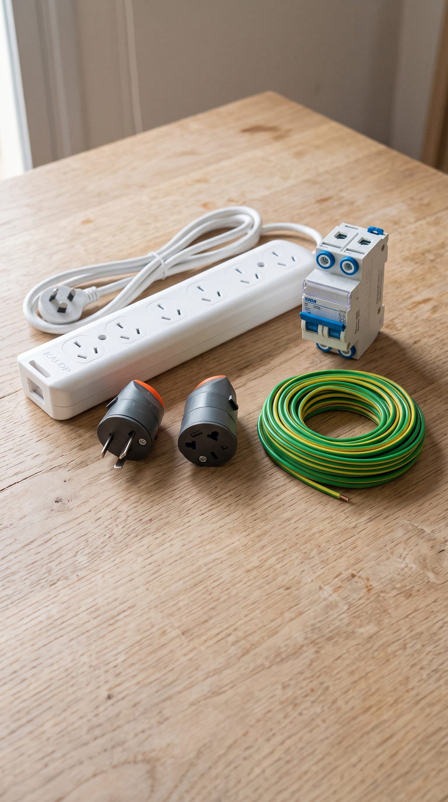 Artículos de electricidad: zapatilla Kalop con fichas argentinas, llave térmica Sica, fichas y rollo de cable