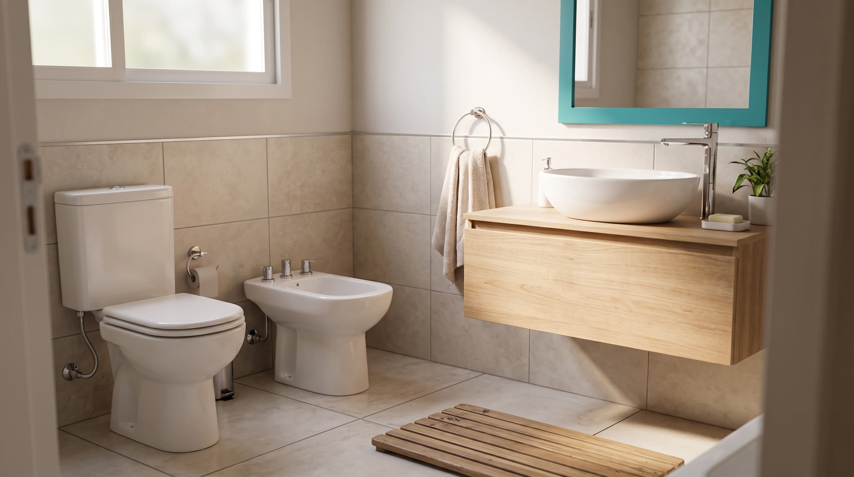 Baño moderno con inodoro, bidet, bacha con grifería cromada y espejo de marco verde, productos del catálogo
