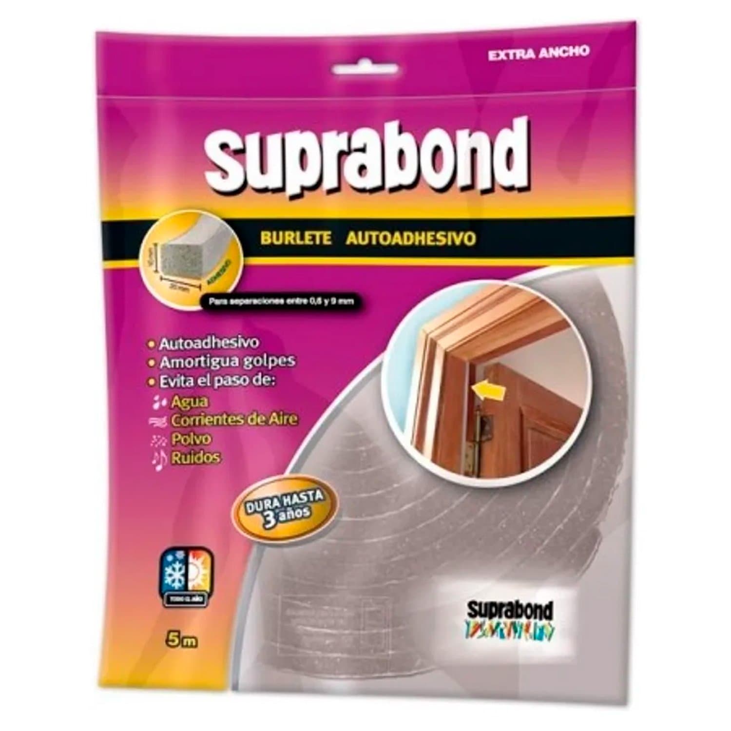Burlete Goma Espuma Extra Ancho Autoadhesivo 5m Suprabond Gris Rayas