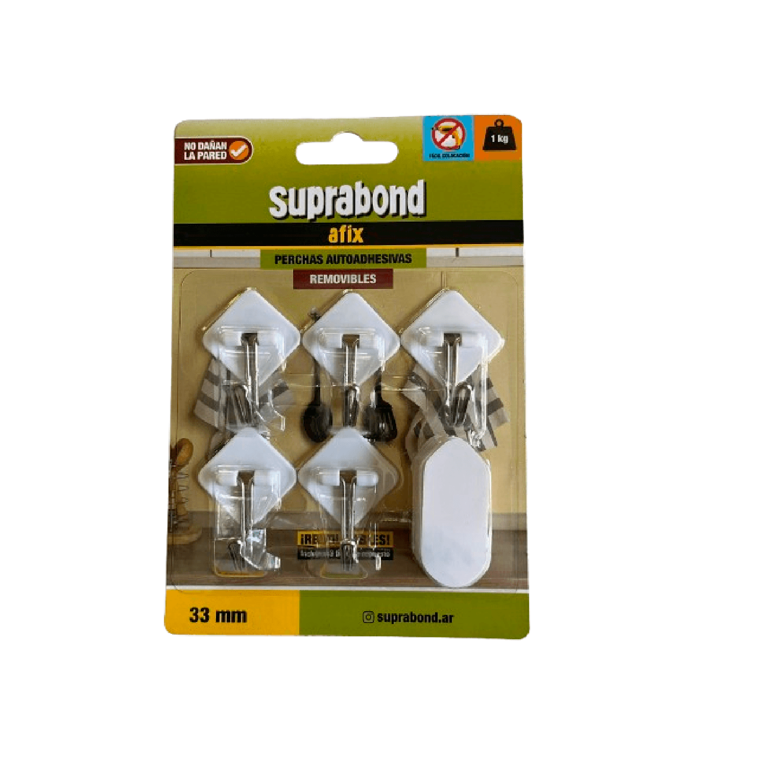 Percha Autoadhesiva Removible Gancho Metal 5 Unid Suprabond